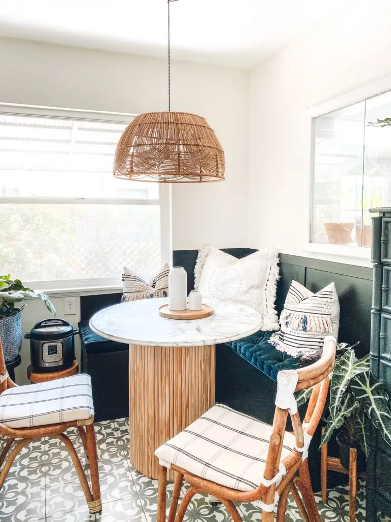 DIY Rattan Basket Pendant Light + Black Banquette