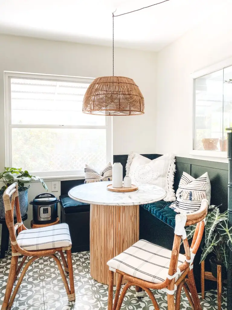 DIY Rattan Basket Pendant Light + Black Banquette