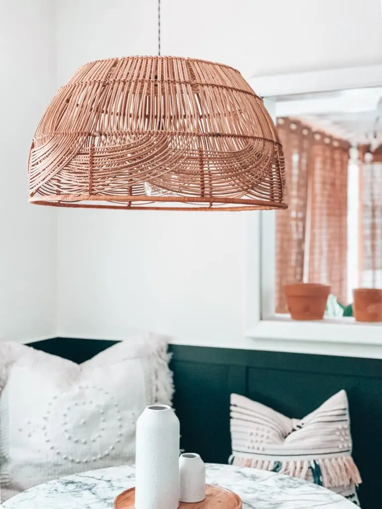 DIY Rattan Basket Pendant Light + Black Banquette