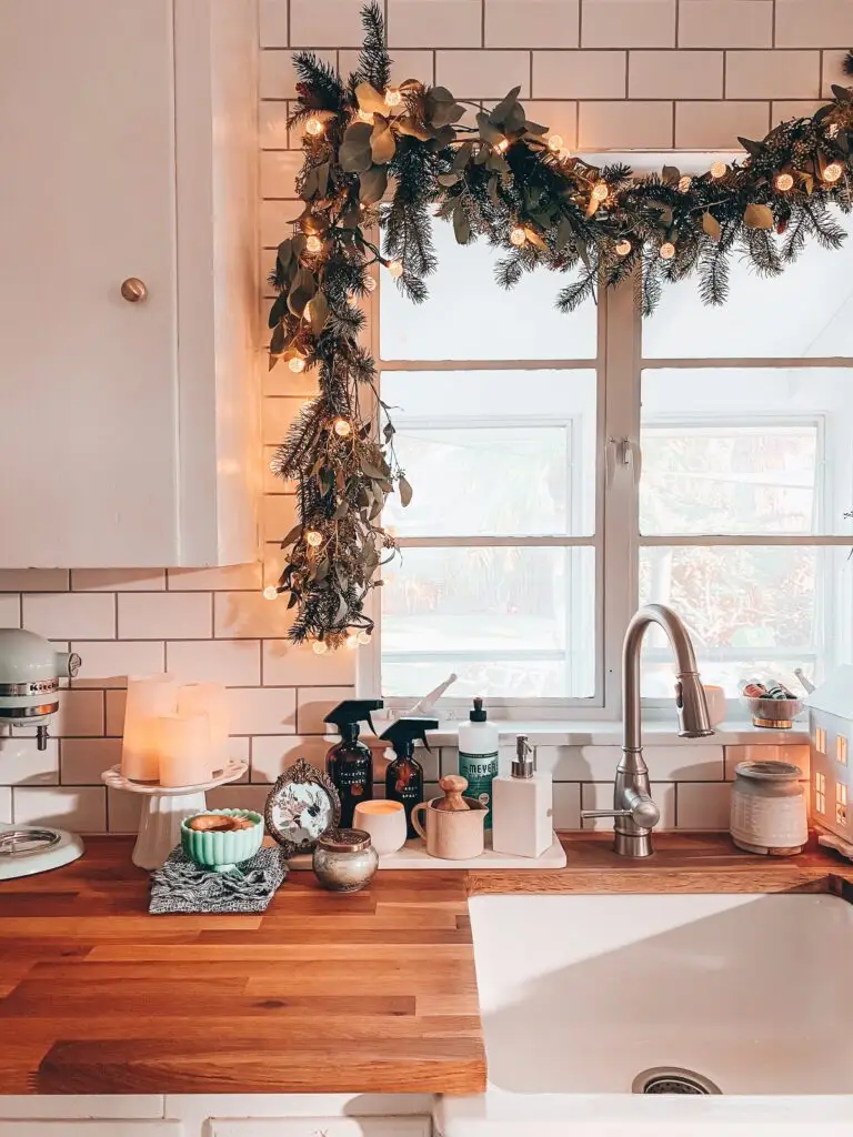 Kitchen Christmas garland over kitchen sink