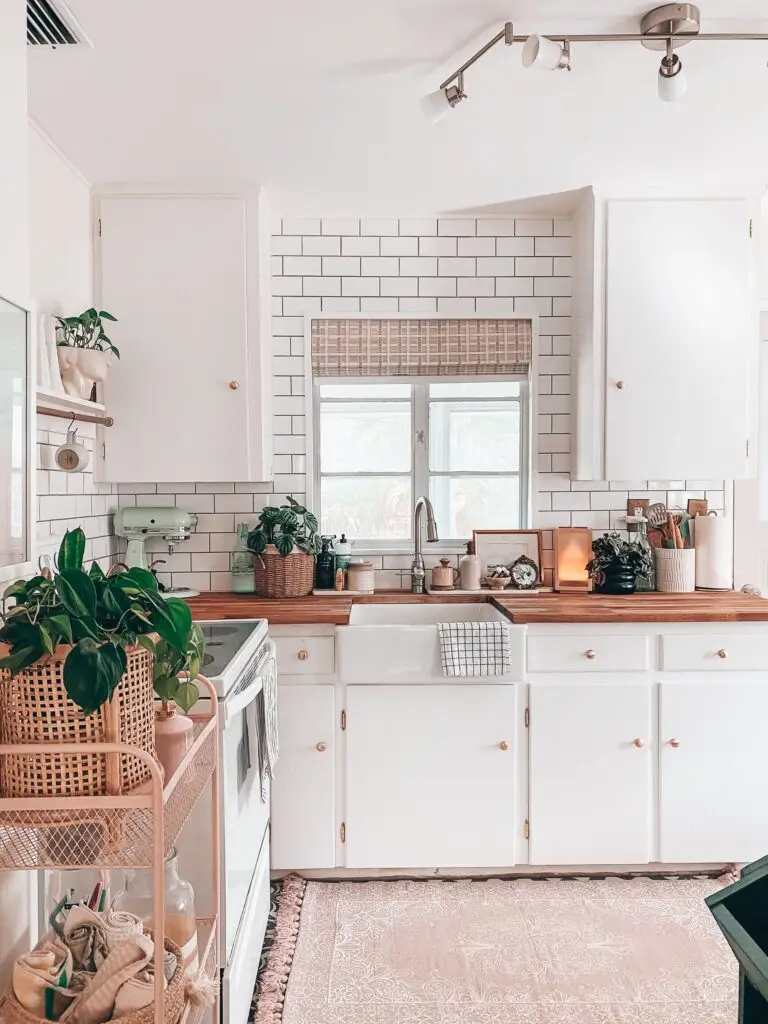 white bright warm kitchen with blucher block counters