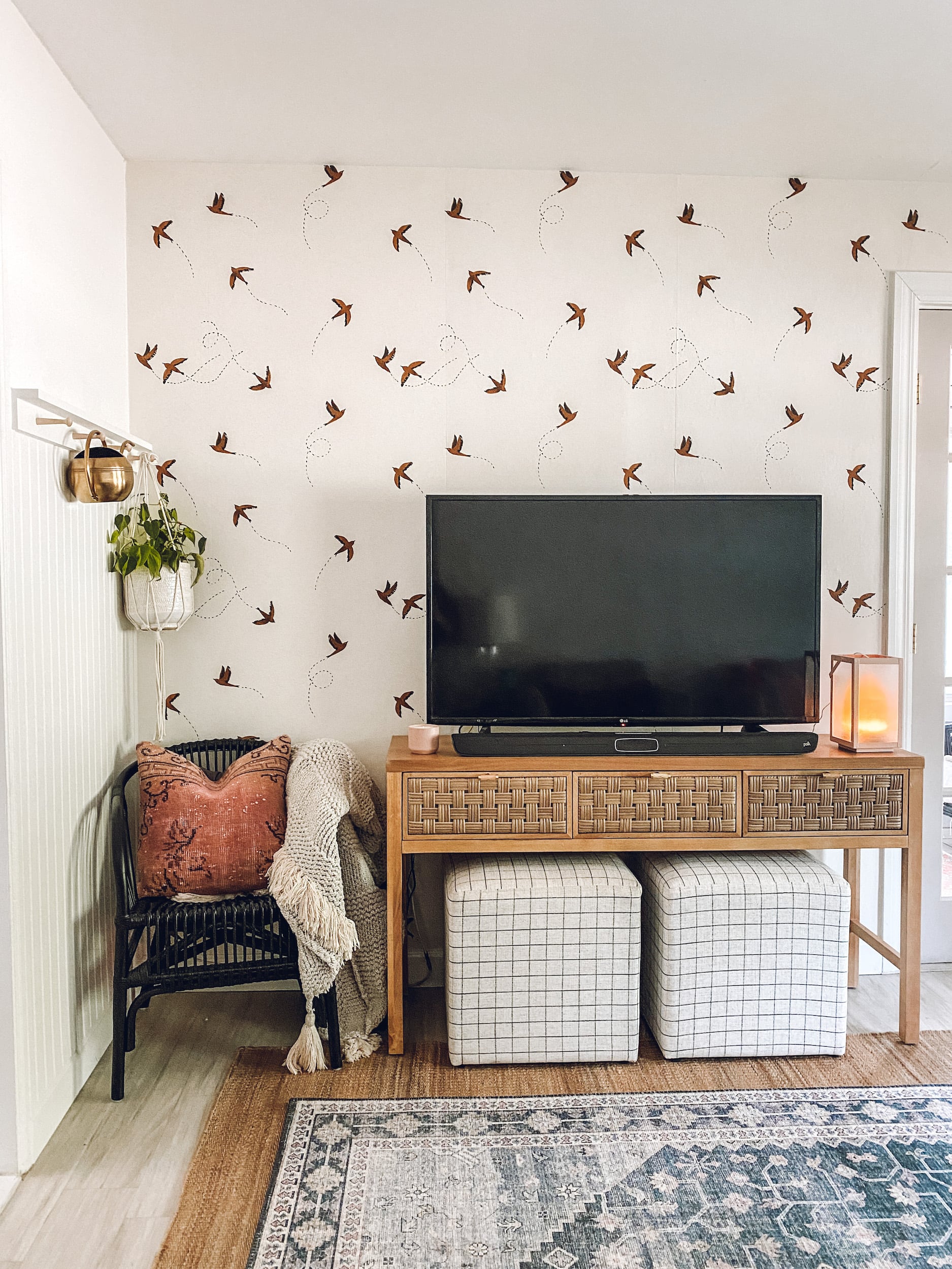 Bird Wallpaper Living Room Makeover - Blushing Bungalow | So Cute You ...