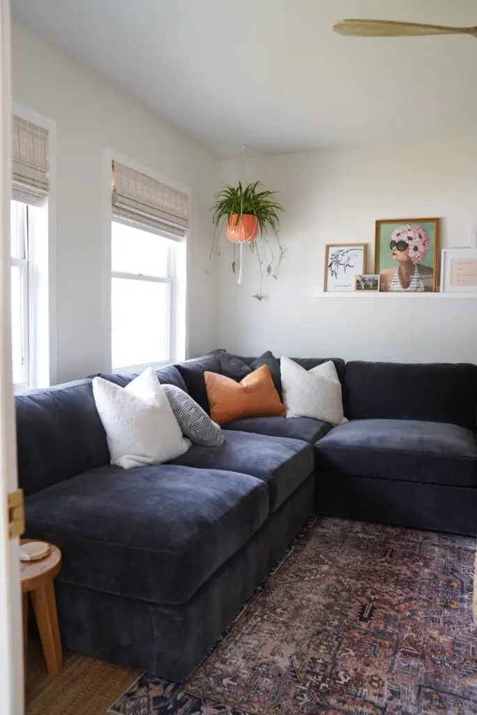 living room with dark sofa