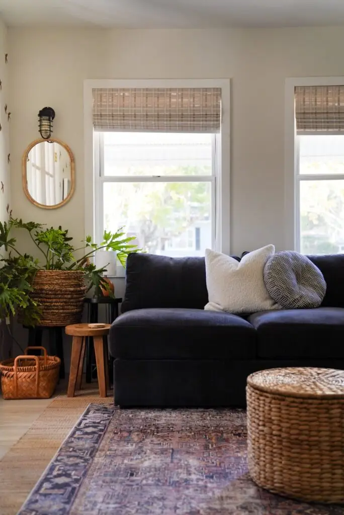 living room with dark sofa