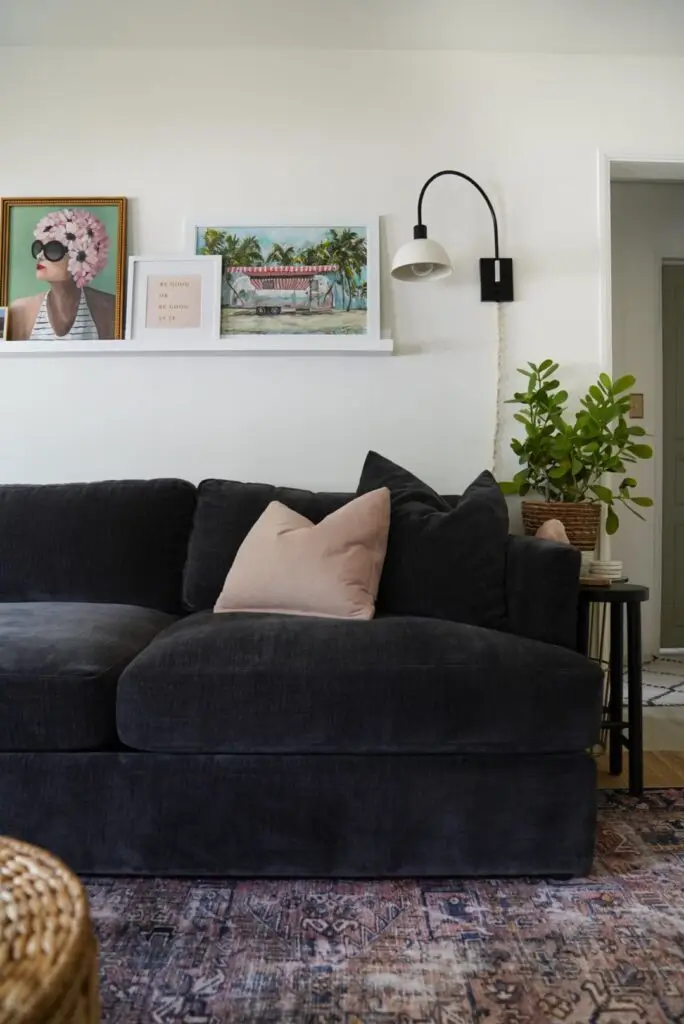 living room with dark sofa