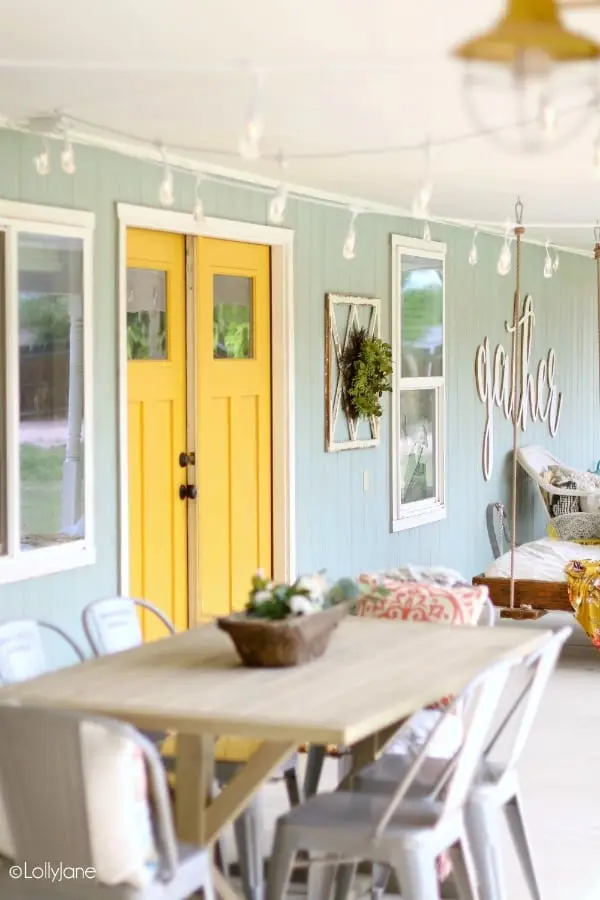 white string lights on porch