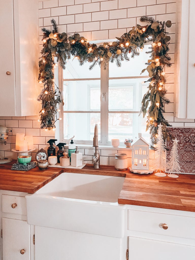 Kitchen Christmas garland over kitchen sink